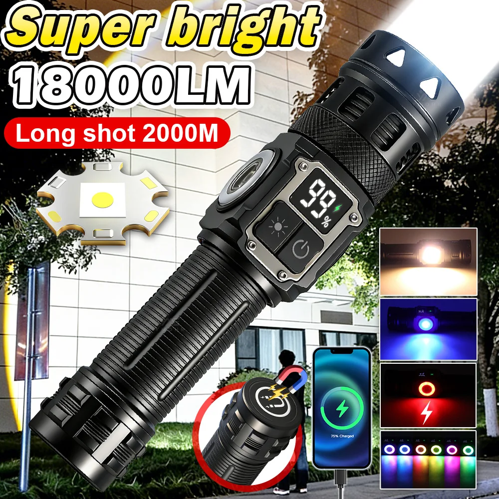 

Мощный фонарь с регулируемой яркостью, перезаряжаемый через USB-C, с боковым УФ-светом, COB RGB, с магнитом, для кемпинга и походов