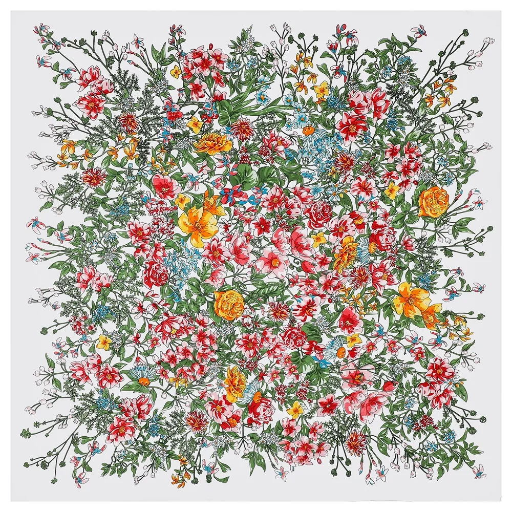 2024 Silk Scarf Women Large Shawls Flowers Printed Stoles Square Bandana Luxury Kerchief Hijabs Female Eลarp Foulards 130CM