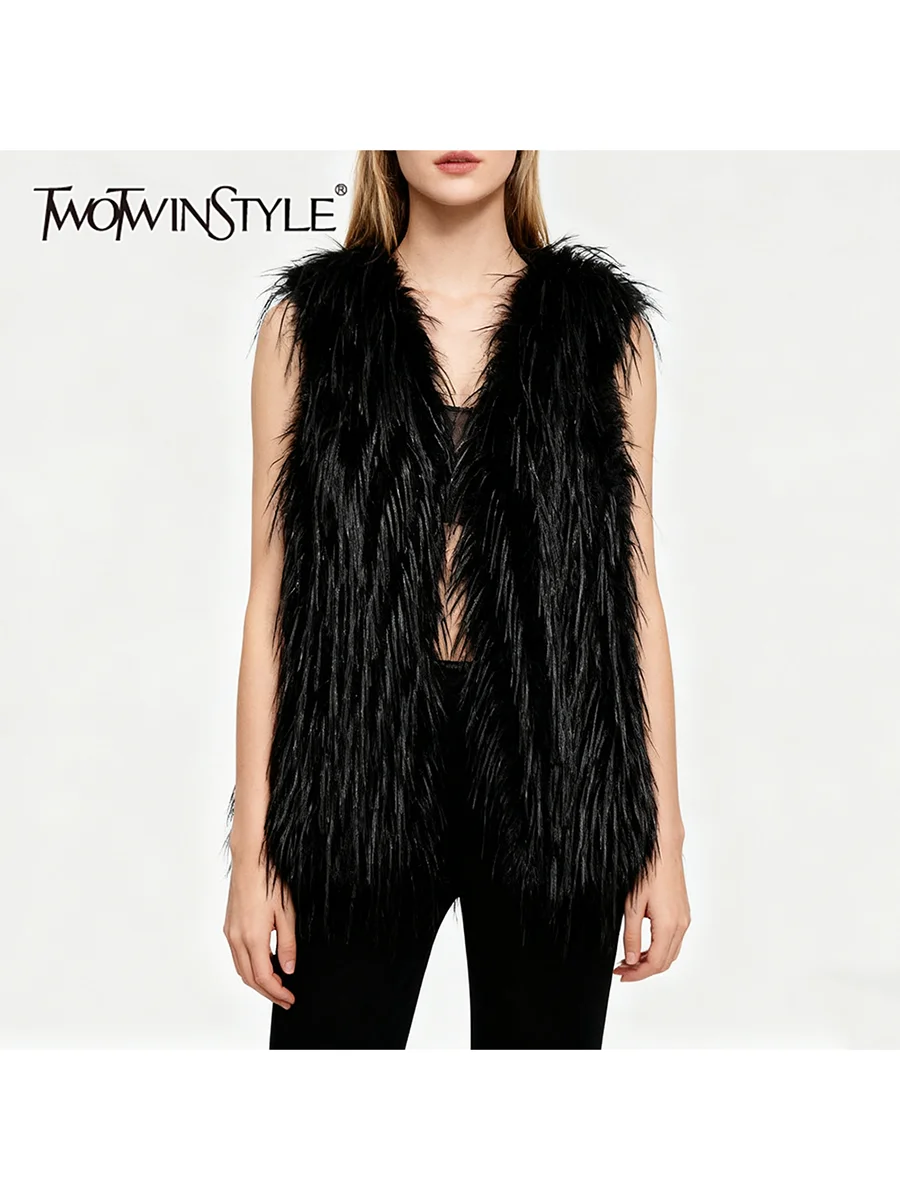 

TWOTWINSTYLE однотонные утягивающие минималистичные жилеты для женщин с v-образным вырезом без рукавов лоскутный меховой модный жилет женская осенняя одежда новая