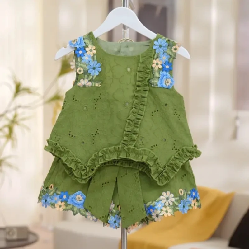 2025 Summer New Girls' Set Flower Backless Top Big Bow Fashionable Vest Shorts Two-piece Set Trendy