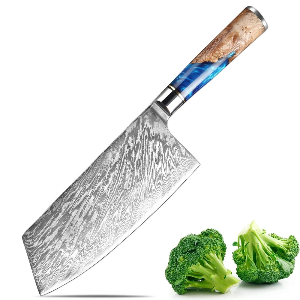 

Pro Chef Knife Cleaver Knife Sharp Chinese Kitchen Knife Damascus Steel Cooking Knife for Vegetables and Meat Blue Resin Handle