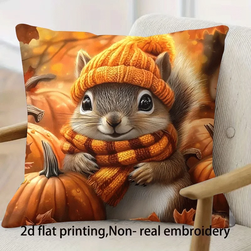 Autumn Squirrel Pumpkin Fall Season Throw Pillow Cushion Decorative Accent for Sofa Bedding