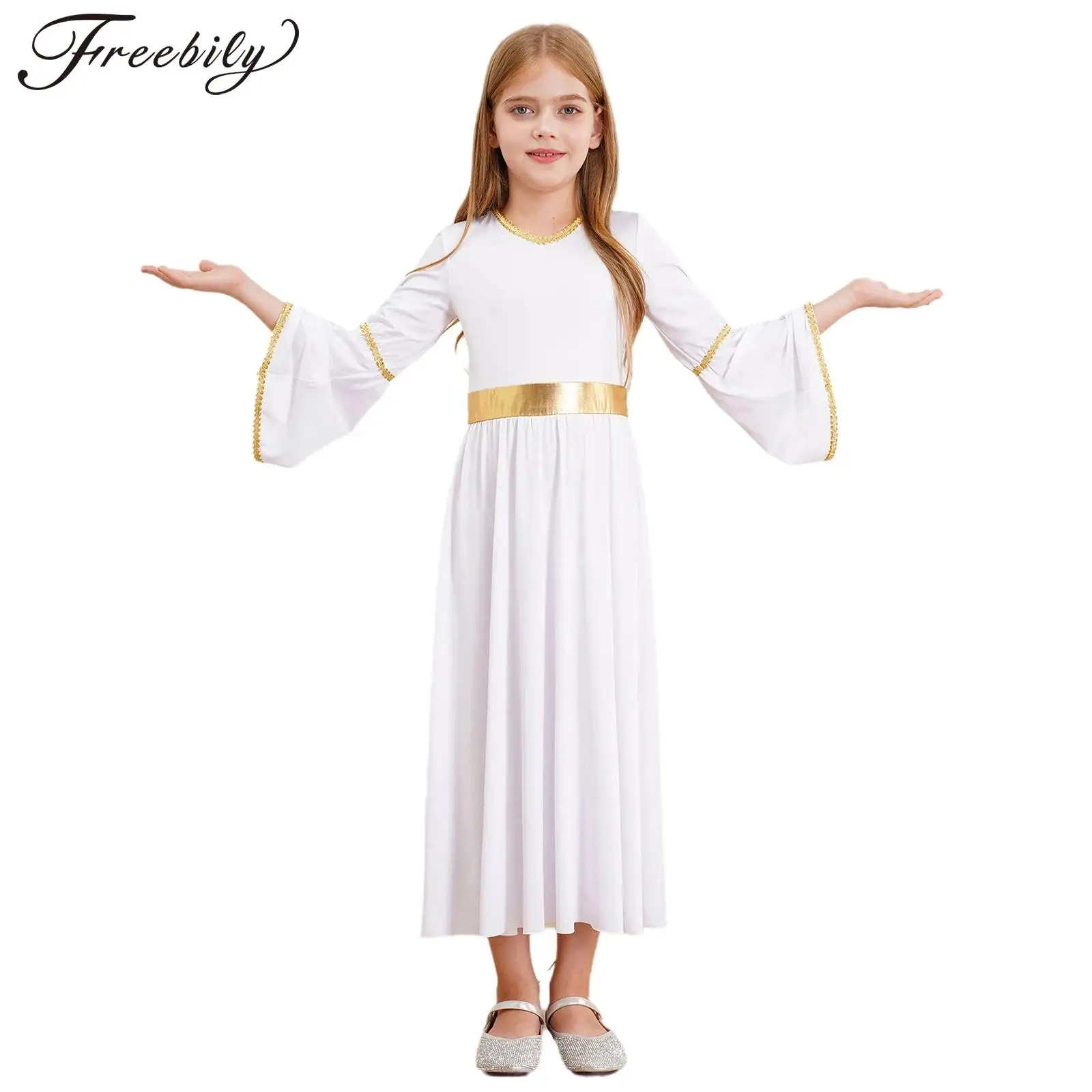 Kids Girls God Angel Roleplay Costume Greek Princess Party Dress Long Sleeve Toga Gown for Halloween Satge Performance Dancewear