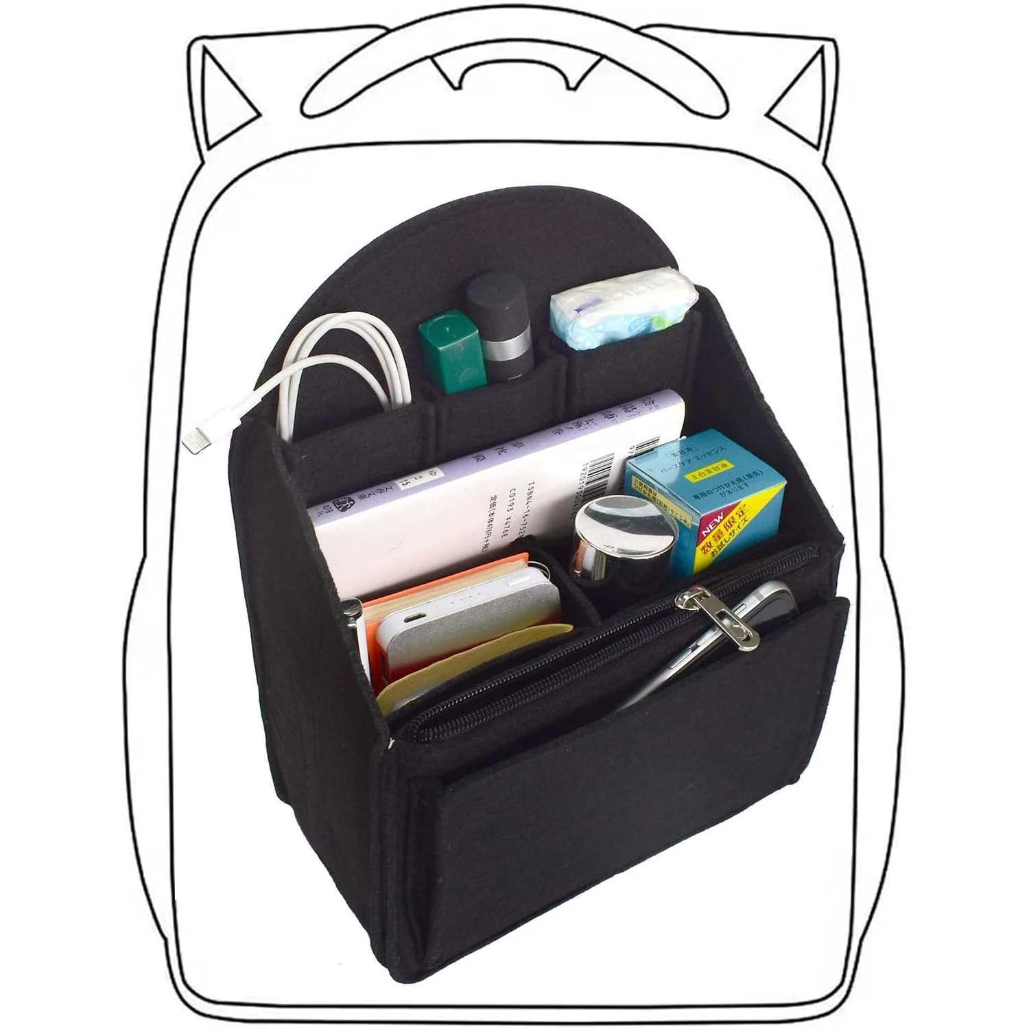 Felt Backpack Organizer Insert, 6-Pocket Inner Liner for Rucksack Handbag Shoulder Bag, Lightweight Durable