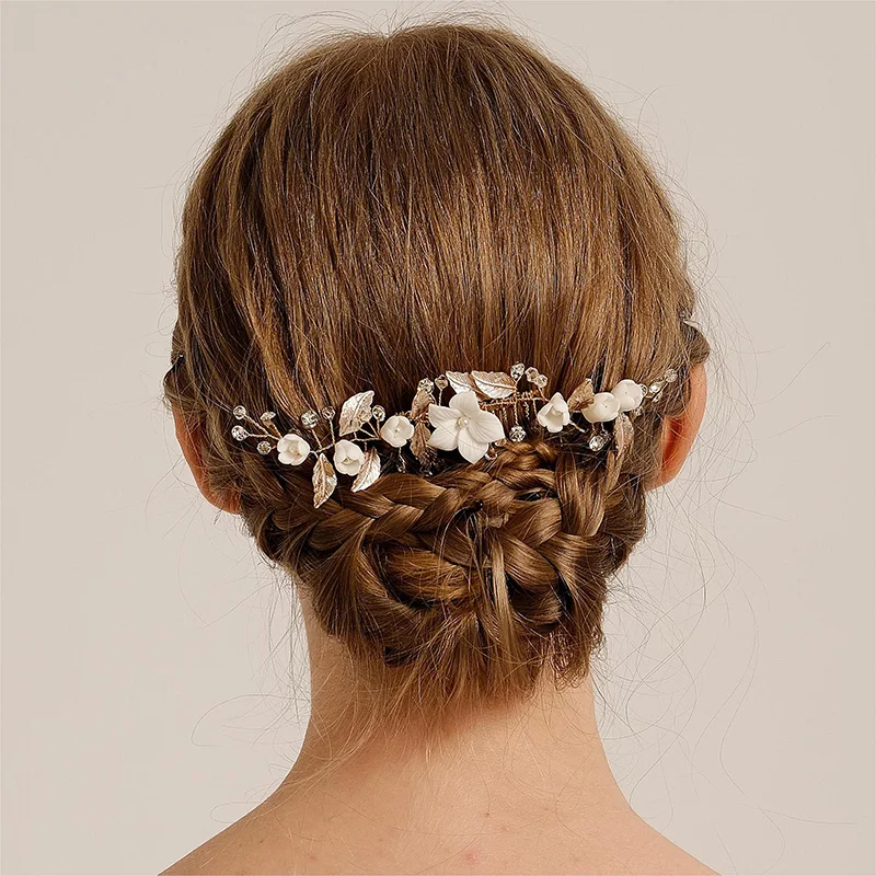 

New Gold Leaf Bridal Hair Comb White Ceramic Flower Handmade Hair Accessories Luxury Headpieces Wedding Jewelry Bridesmaid Gifts