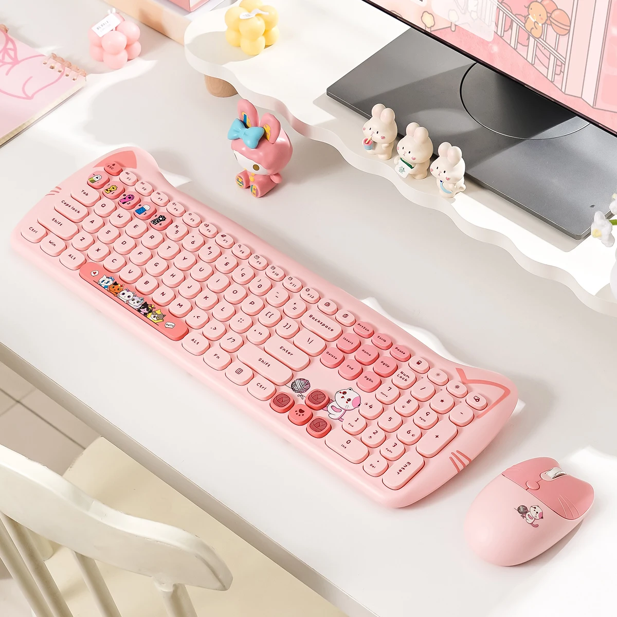 GEEZER Cat Ear Retro Round Keycaps Wireless Silent Keyboard Mouse Combo, Cute Pink Cartoon Keyboard Set for Girls Office Laptop