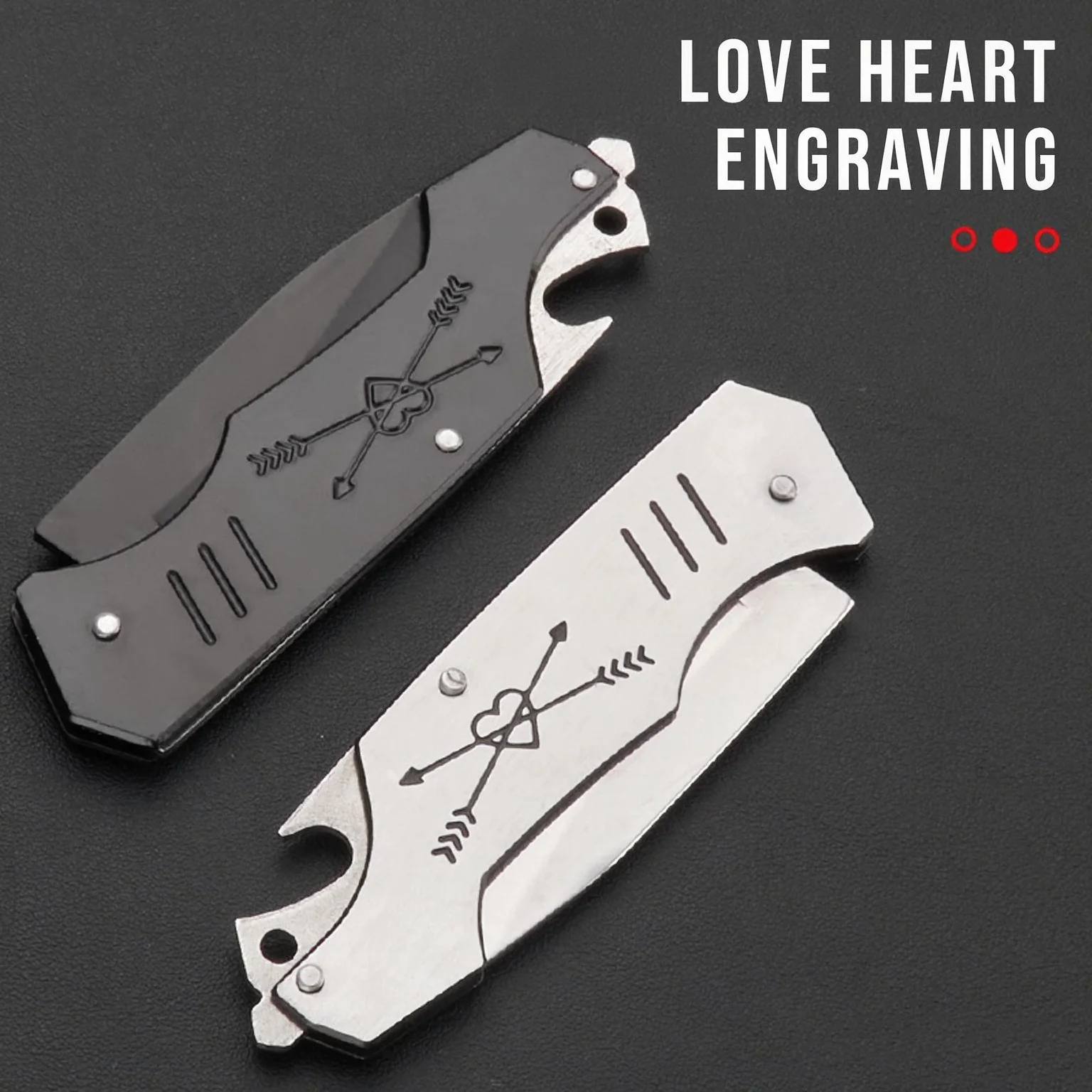 1PC Multi-functional Camping Knife with Bottle Opener & Lanyard Hole,Heart Arrow Engraved Pattern for Package Opening,BBQ&Picnic