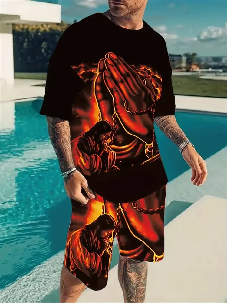 Fashionable new men's short sleeved suit with cross Jesus print, summer cool and breathable short sleeved drawstring shorts,
