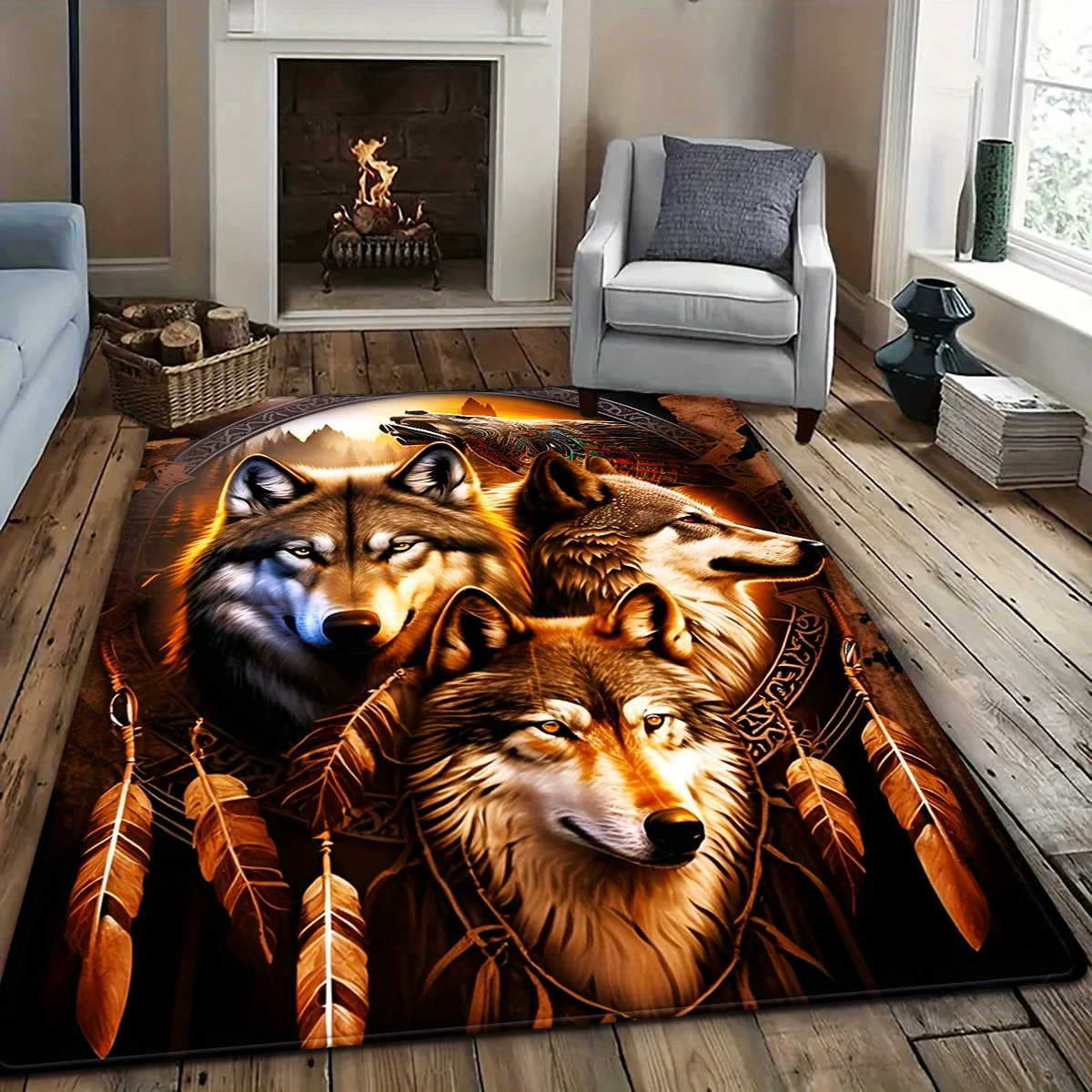 [Modern Tribal Wolf Rug] 1pc Suitable for Tribal Wolf Rug - Brown Three Wolf & Feather Pattern, Hand Washable Soft Adhesive Su
