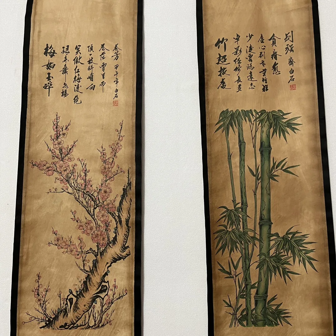 China Celebrity  Old Scrolls Meilan Bamboo Chrysanthemum Four Screen Painting,Wall mounted painting Artwork Home collectibles