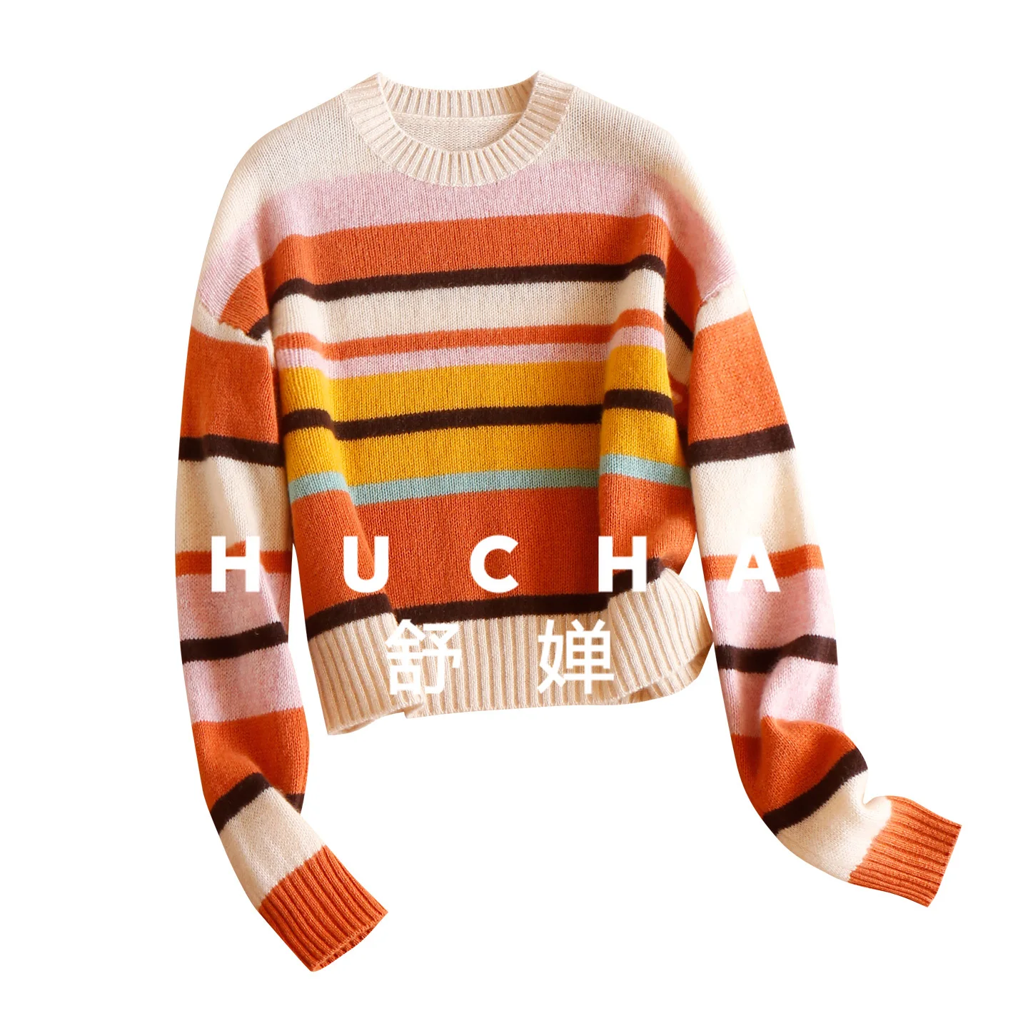 

Кашемировый свитер с круглым вырезом в радужную полоску, 100, женский короткий пуловер 84E8, топ с длинными рукавами