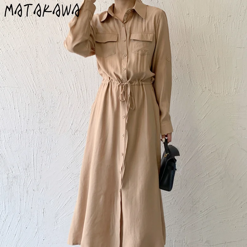 Matakawa Shirt Dresses for Women Solid Long Sleeve Japan Style Elegant Vestidos A-line Simple Fashion Casual Long Dress Vintage