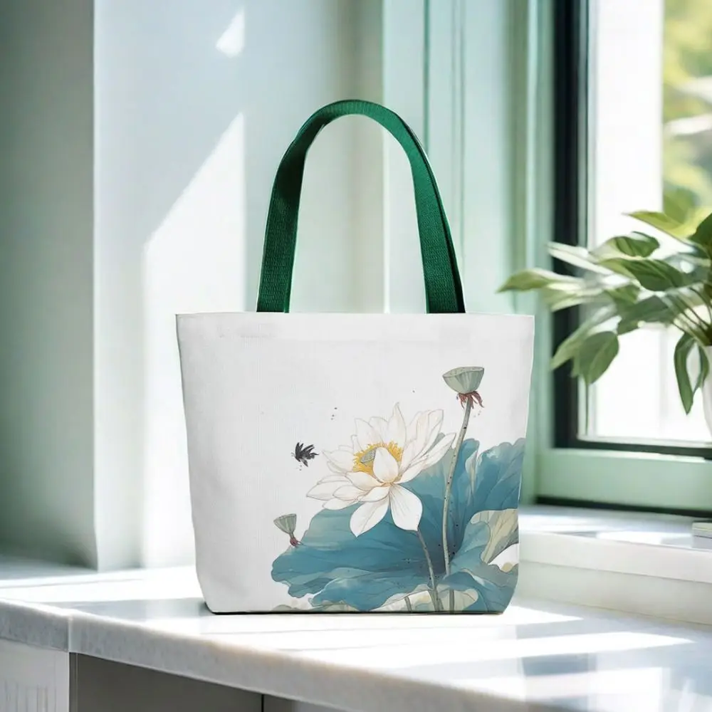 

Fashionable Chinese Style Lotus Flower Bag Canvas Shopping Lotus Flower Tote Bag Casual Travel Women Shoulder Bag Handbag