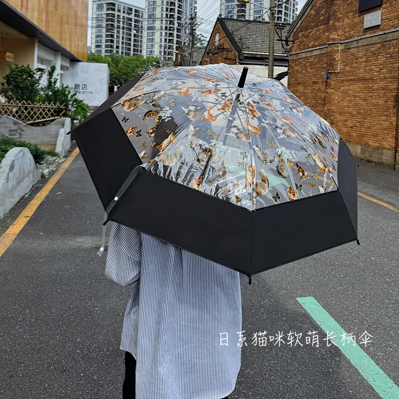 

8-Bone Transparent Printed Umbrella, Long-Handled High-Value Umbrella for Men & Women, Enlarged Automatic Curved Handle