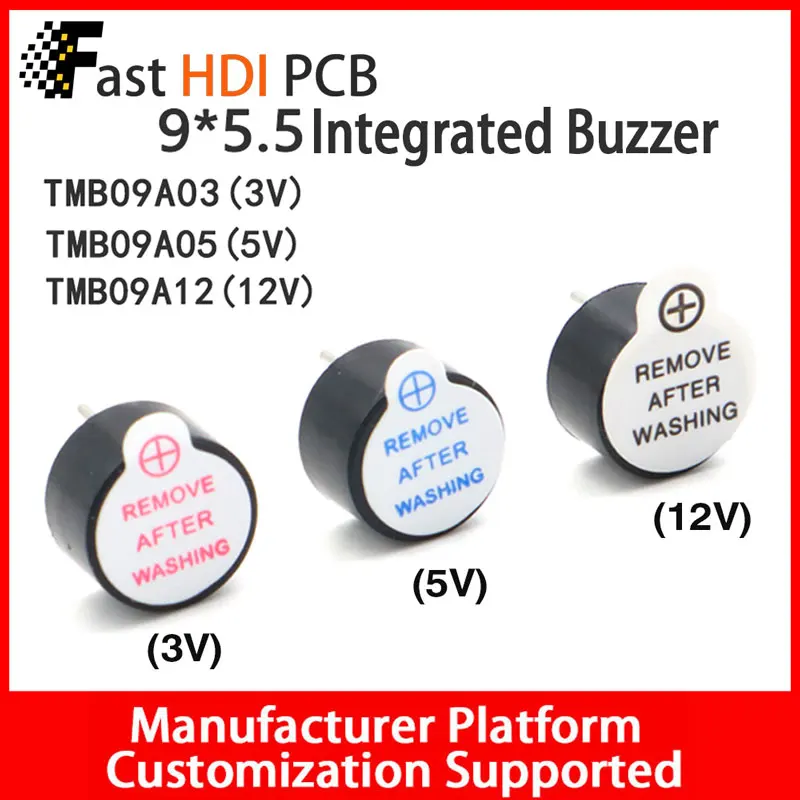 超小型アクティブブザー 9x5.5mm 3V(赤)/5V(青)/12V(黒) - ピンピッチ5.5mm 防水PBT耐熱設計 (無料サンプル)