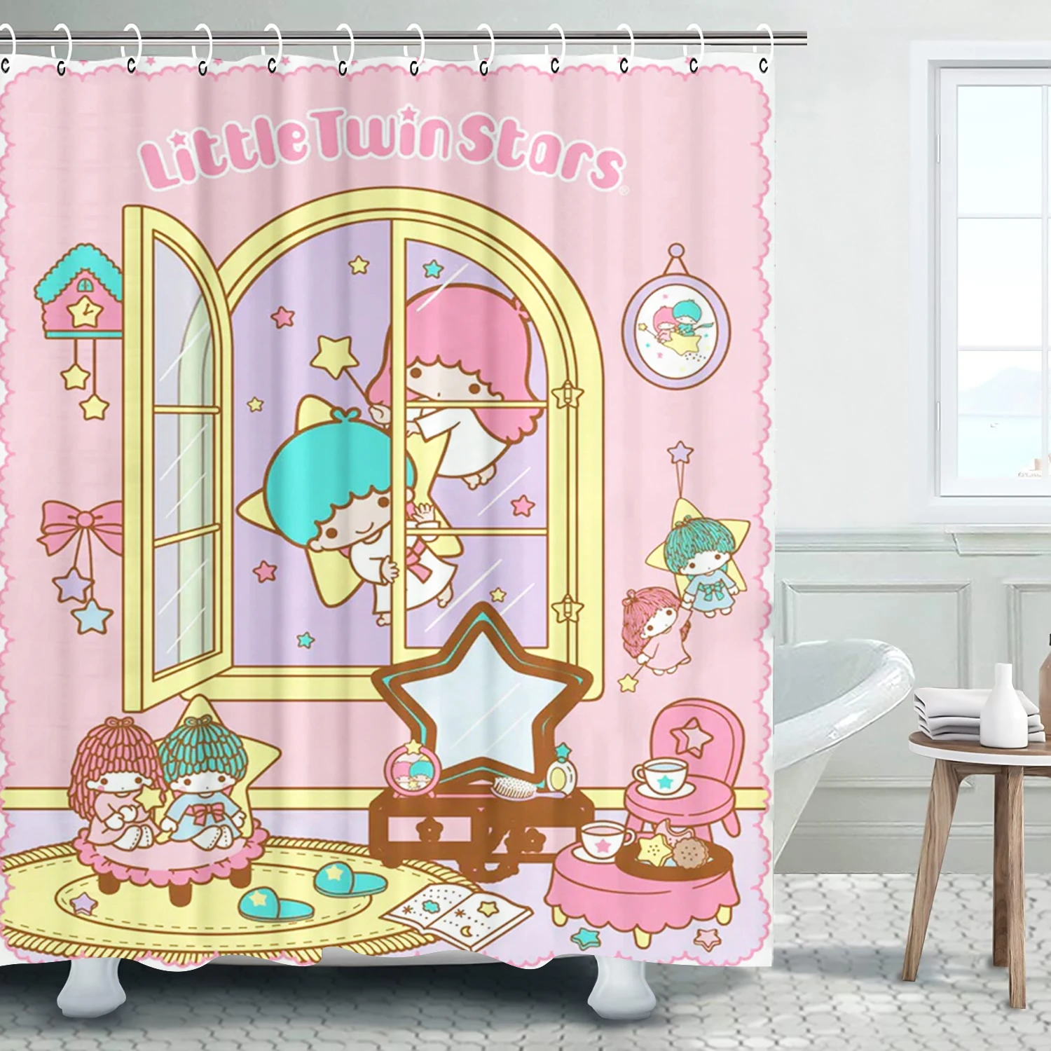 

Cartoon Little Twin Stars Cute Bathroom Sets 100% Polyester Bath Shower Screen Anime Hook Up Accessories Kids Gift