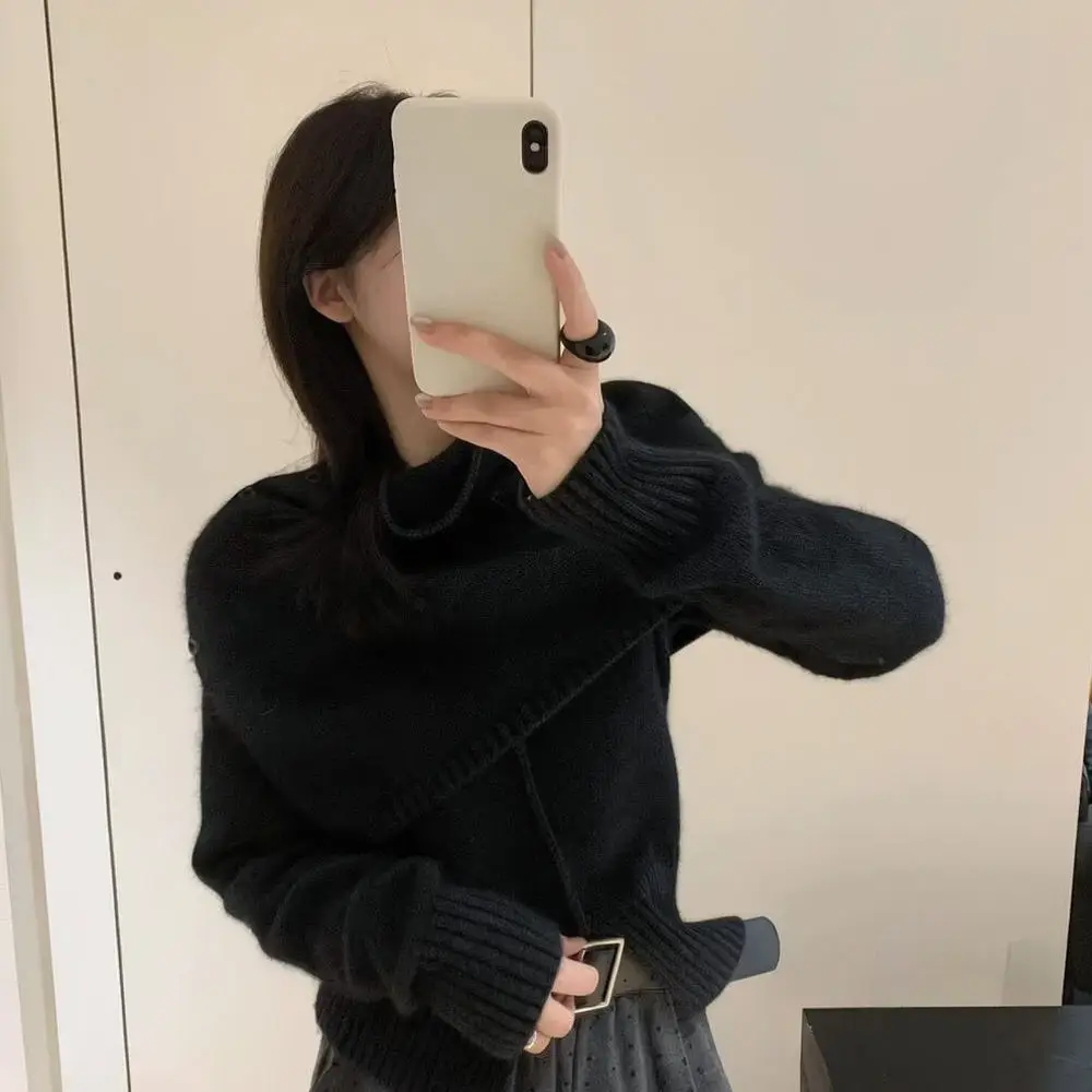 Womens Autumn Winter Knitted Two Piece Set Detachable Turtleneck Cape Casual Loose Long Sleeve Warm Elegant Pullover Top
