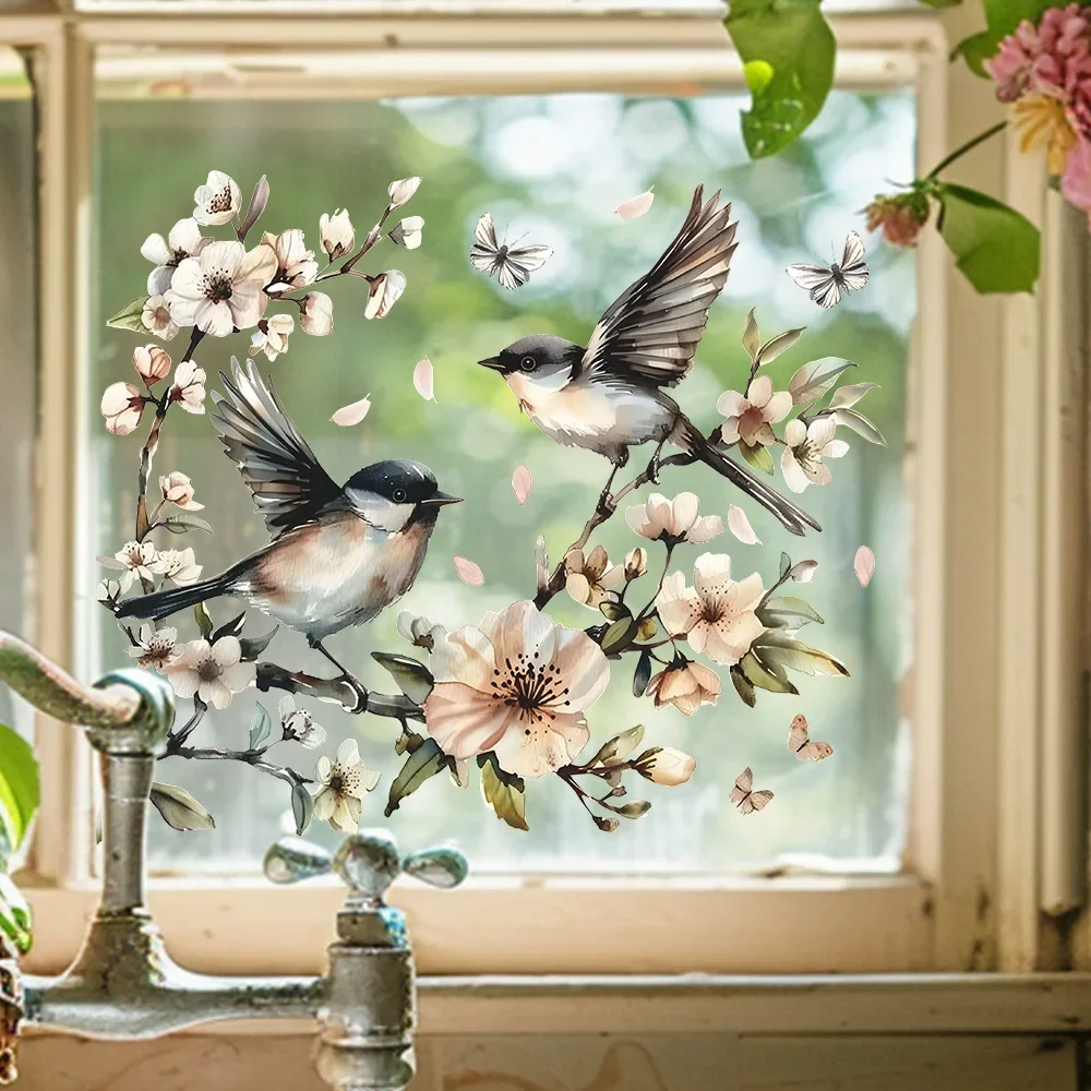 1PCS Aquarell Blume Zweig Vogel Glas Fenster Hause Landschaftsbau Dekoration Elektrostatische Uv Fenster Aufkleber Spiegel Aufkleber