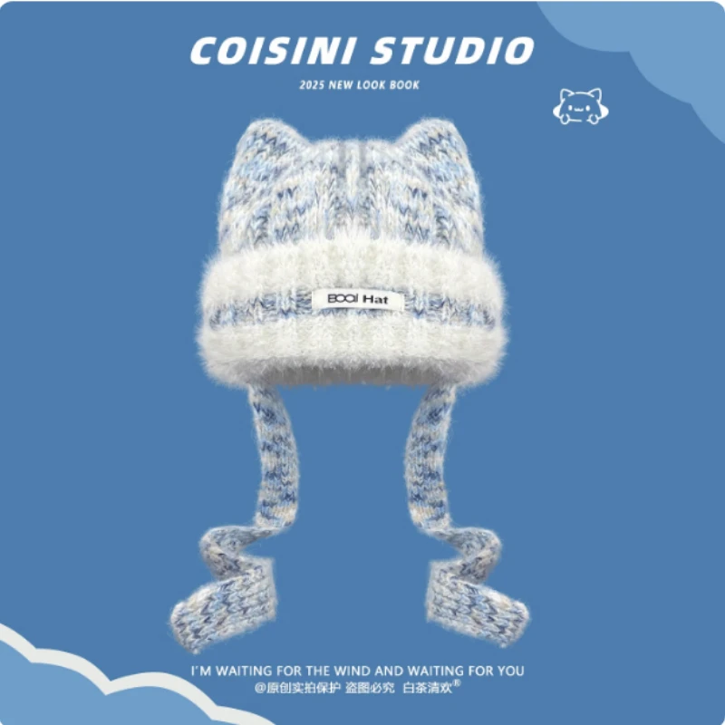 Japanese Color Mixing Sweet Cat Ear Plush Lace-up Ear Protection Knitted Hat for Women Winter Thickened Warm Skull Beanie Caps