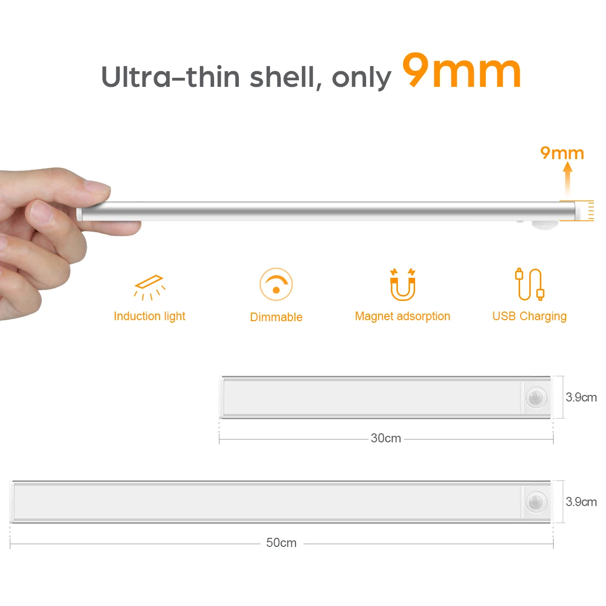 USB Charging Motion Sensor LED Light Brightness Dimmable 3 Colors Changeable Aluminum Under Cabinet Lights for Stairs Bedside