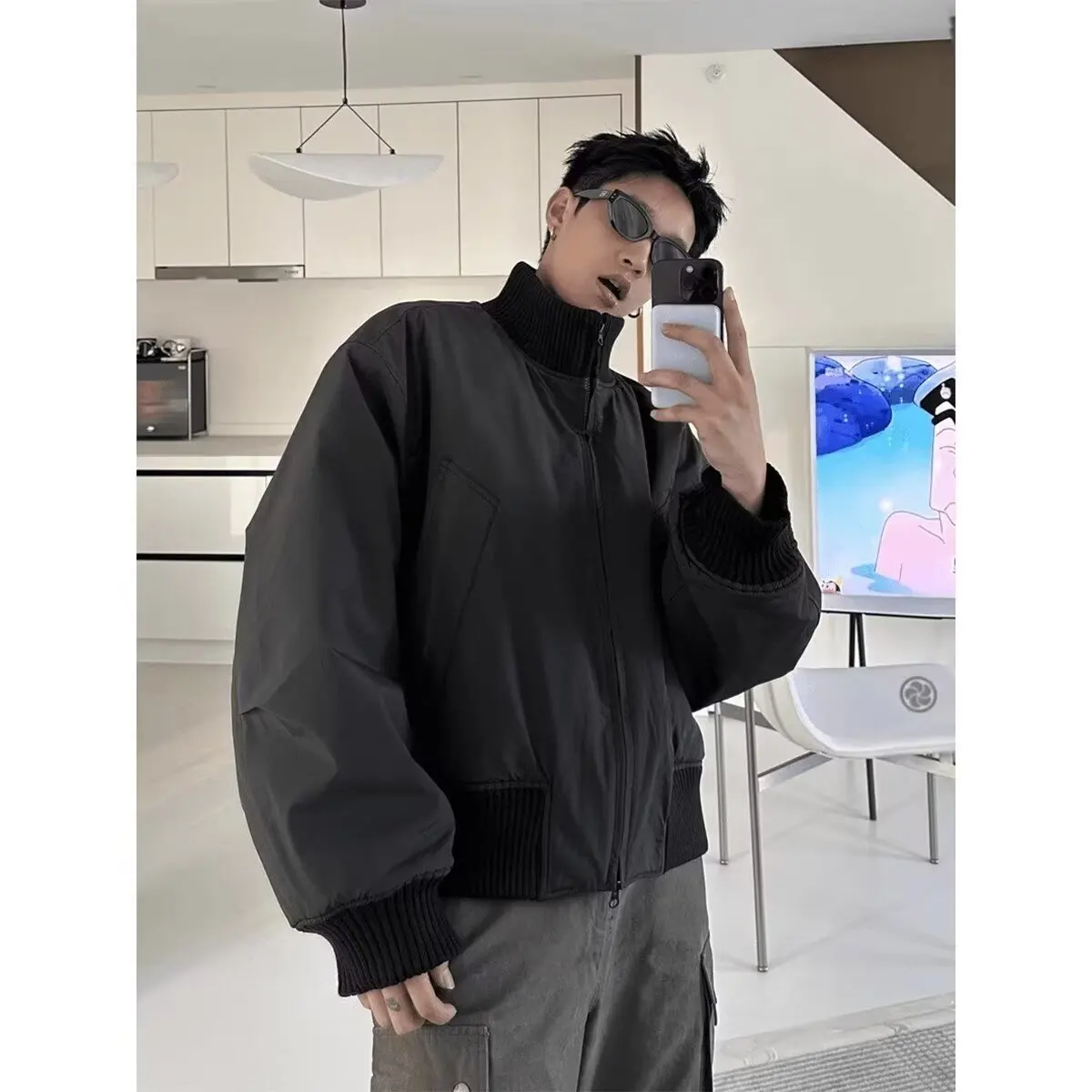 

Осенне-зимняя теплая хлопковая куртка-жакет больших размеров (до 250 фунтов) в американском стиле, повседневная, с воротником-стойкой, верхняя одежда