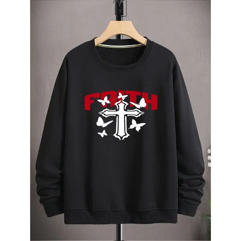 

Faith Sweatshirt Men Women Christian Cross and Butterfly Graphic Crewneck Pullover Loose Top Religious Gift