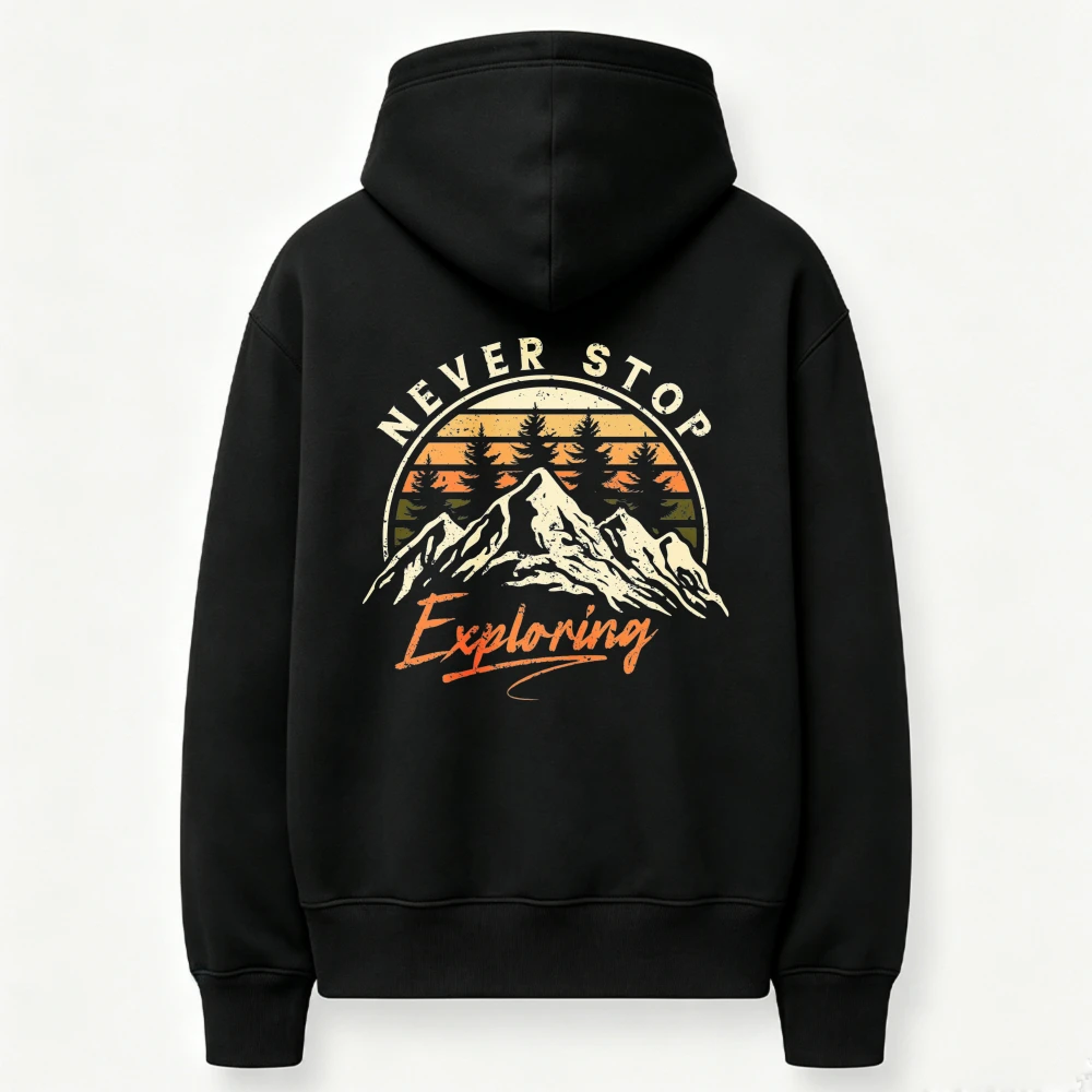 Never Stop Exploring Retro Sunset Mountain Pine Tree Graphic Hoodie Back Print Sweatshirt Wilderness Outdoor Hiking Hooded Tops