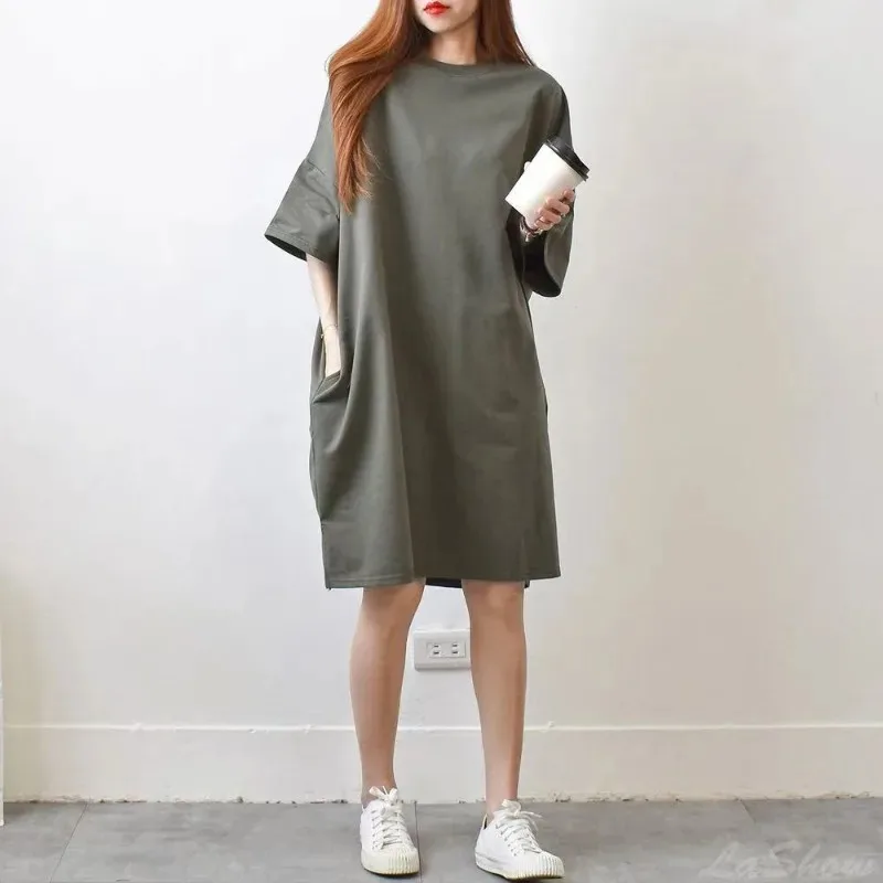 Damen Sommer Locker Geschnittenes Übergrößen-T-Shirt-Kleid Mädchen Einfarbiges Mittellanges Oberteil Damen Umstandsmode Lässiges T-Shirt Damen Oberbekleidung Kleid