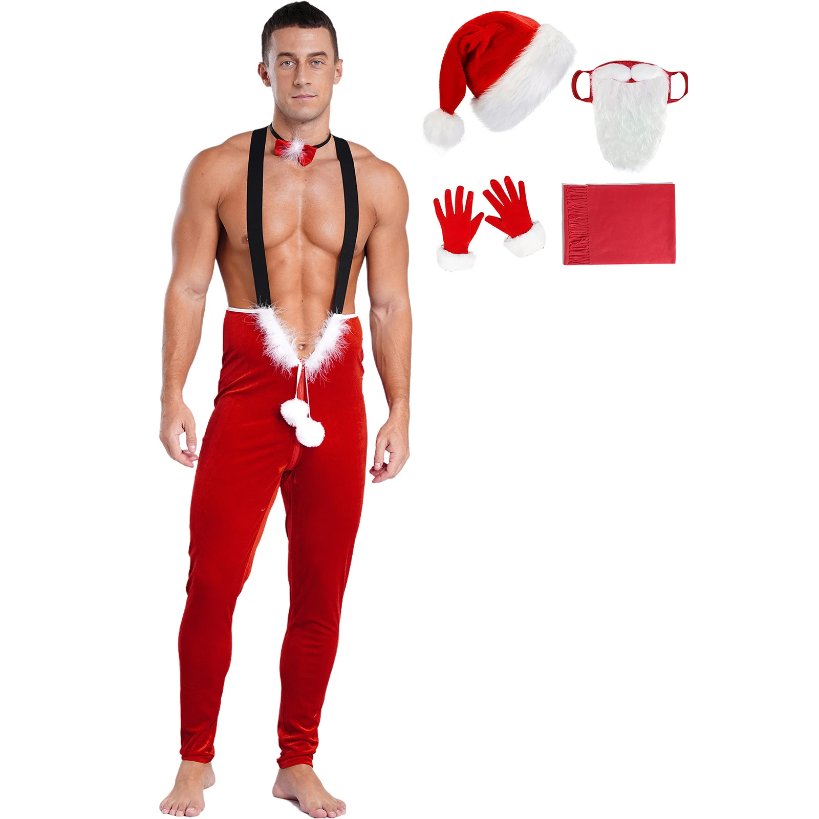 Mens New Year Christmas Outfits Cosplay Party Performance Costume Jumpsuit With A Bowknot Neckband Hat Beard Gloves Scarf Set