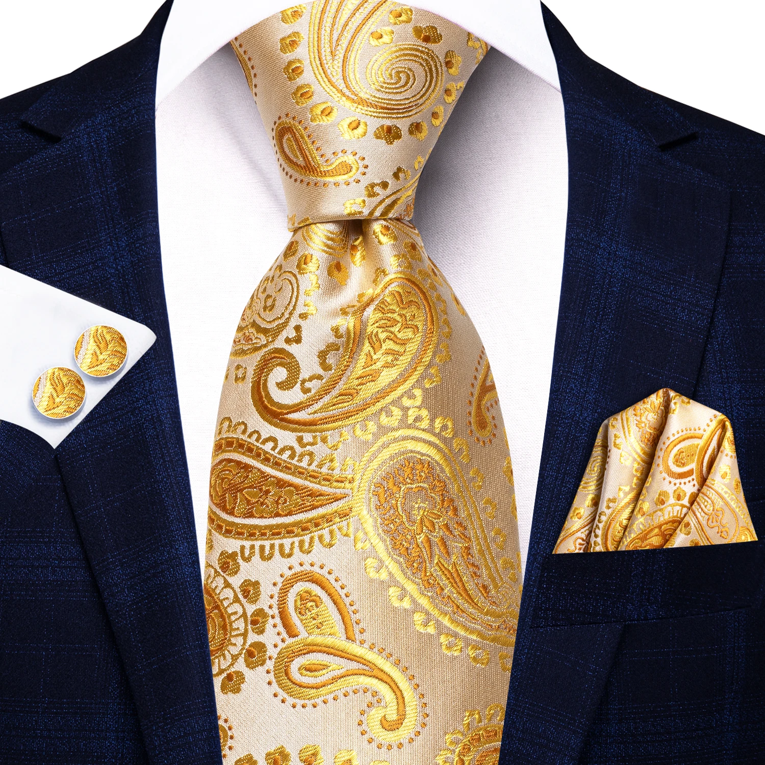 

Yellow White Paisley Silk Wedding Tie For Men Gift Mens Necktie Handky Cufflink Fashion Business Party Dropship Hi-Tie Designer