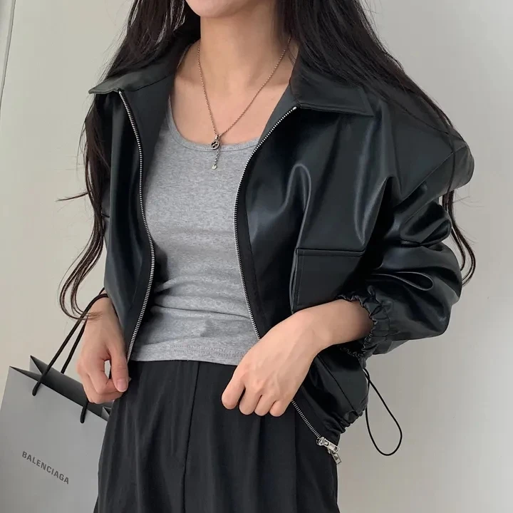 Double Zipper Design Long Sleeve Leather Jacket with Drawstring Belt Casual Style Short Length PU Leather Coat for Women