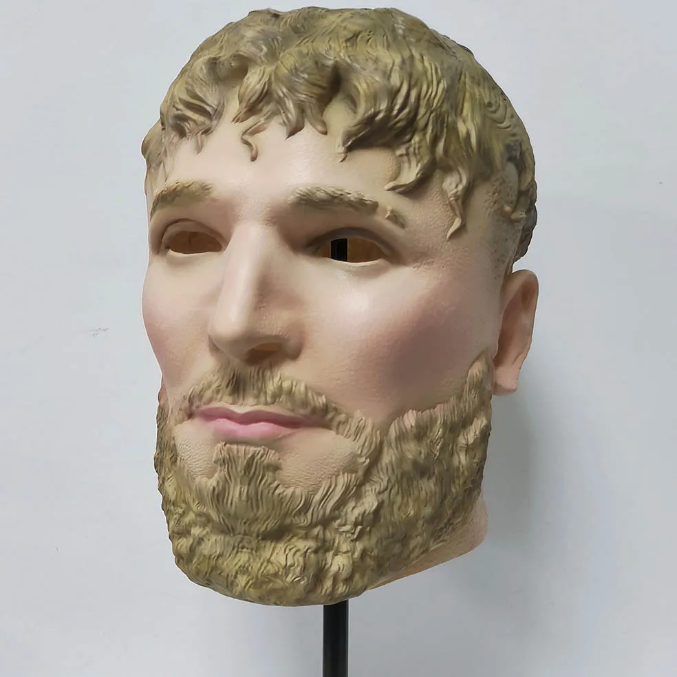 Realistische Latex-Maske für den ganzen Kopf mit lockigem blondem Haar und Bart-Design für Maskerade, Halloween, Cosplay, Kostümparty, Requisiten – Detail 7