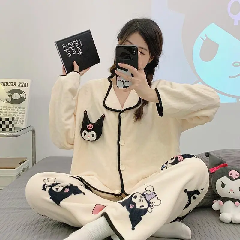 

Кардиган Sanrio с героями мультфильмов, пижамный комплект, фланелевой коралловый флис, женский осенне-зимний уличный носимый плюшевый комплект ночного белья с милым принтом