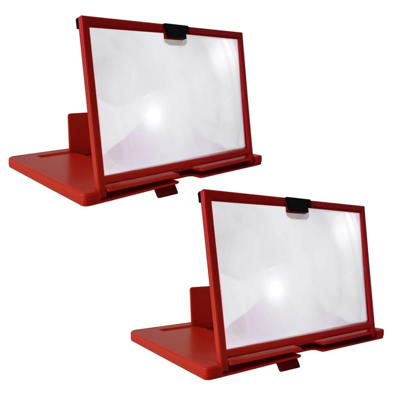 2X Mobile Phone Screen Magnifier 12 Inch 3D HD Video Amplifier Stand Bracket With Movie Game Red Folding Desk Holder