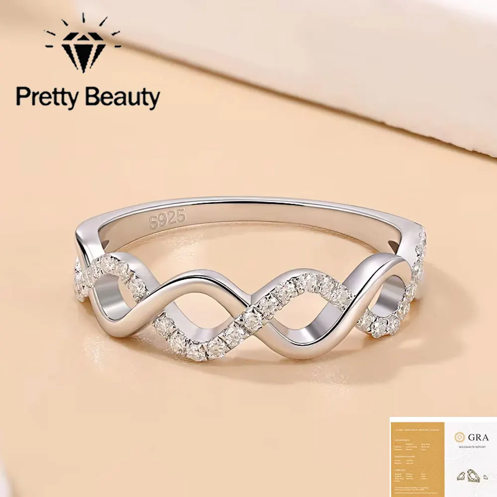 Pretty Beauty Moissanite Ring for Women 925 Sterling Silver Infinity Twist Pave Set Diamond Wedding Band Birthday Jewelry Gift