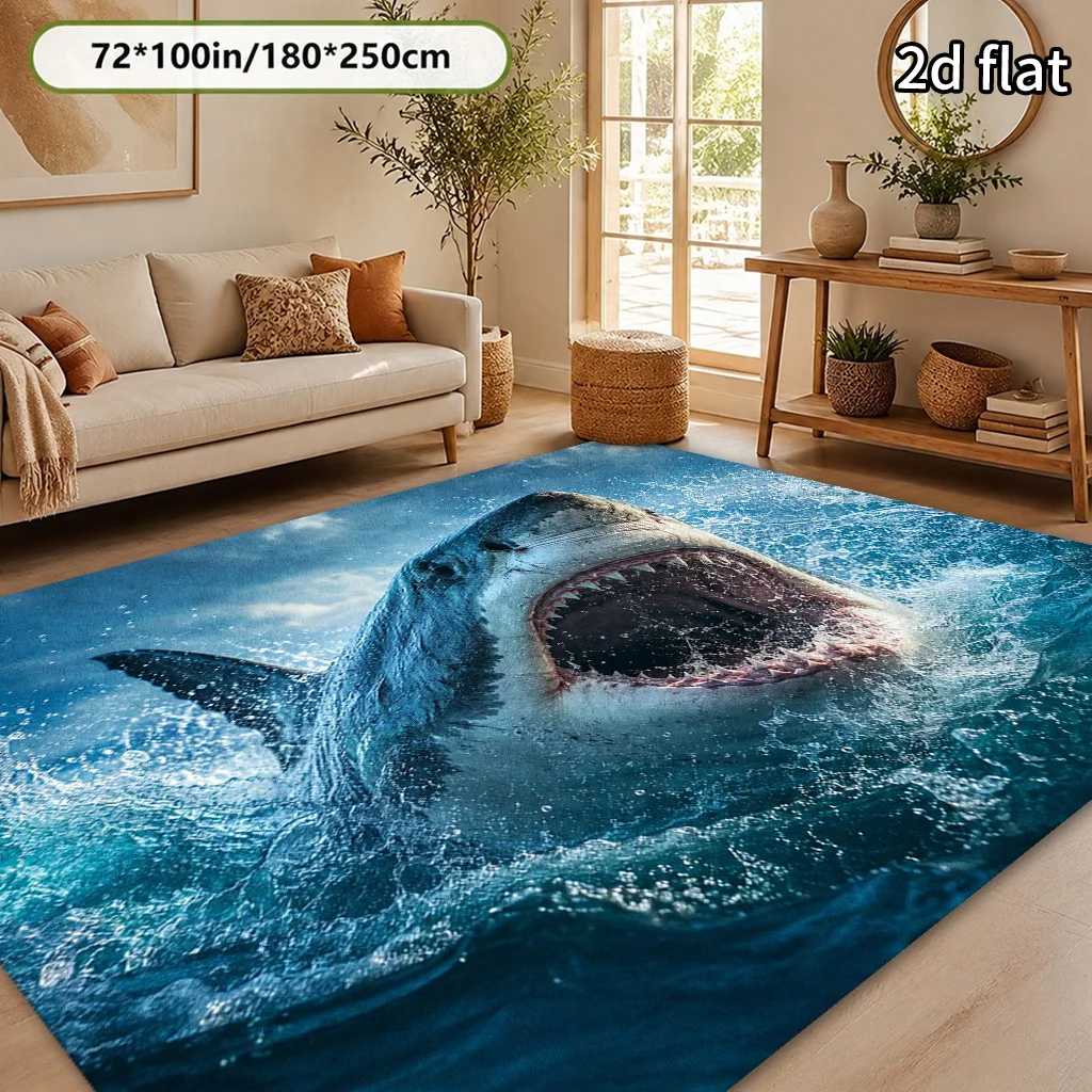 1pc Ferocious Shark Pattern Area Rug, 2D Flat Printed Floor Mat, Lightweight Soft Non‑Slip,Machine Washable,Practical Home Decor