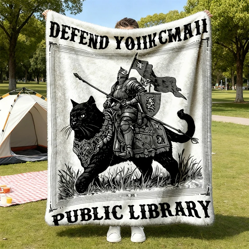 Defend Your Local Public Library Flannel Blanket Funny Knight Cat Flannel Throw, Defend Libraries Cozy Blanket