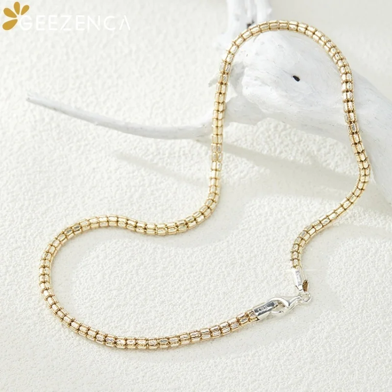 GEEZENCA 925 Silver Two Toned Beaded Chain Necklace Womens Italian Luxury Jewelry Sparkle Layered 40cm Chokers Necklaces Gift