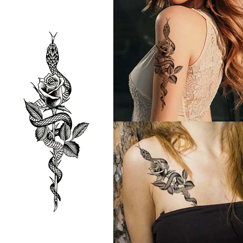 Snake and Rose Waterproof Shoulder and Arm Temporary Tattoo, Long-Lasting, Realistic Fake Tattoo for Men and Women