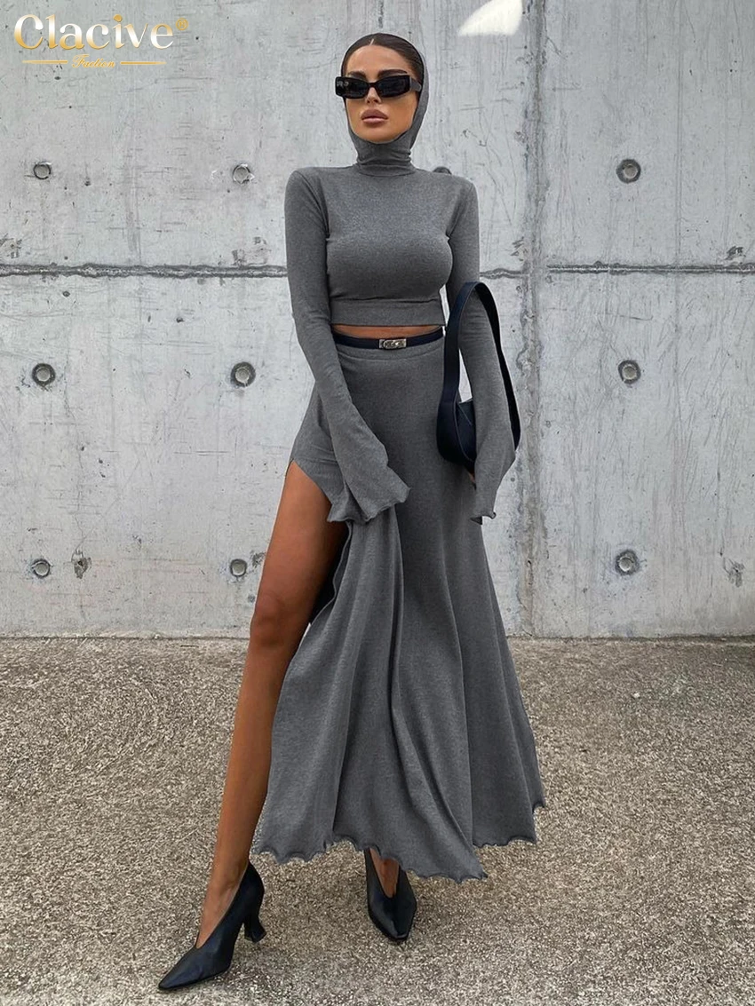 Clacive Bodycon Gray Knitted Skirt Sets For Women 2 Pieces Elegant Long Sleeve Crop Top With High Waist Slit Long Skirts Set