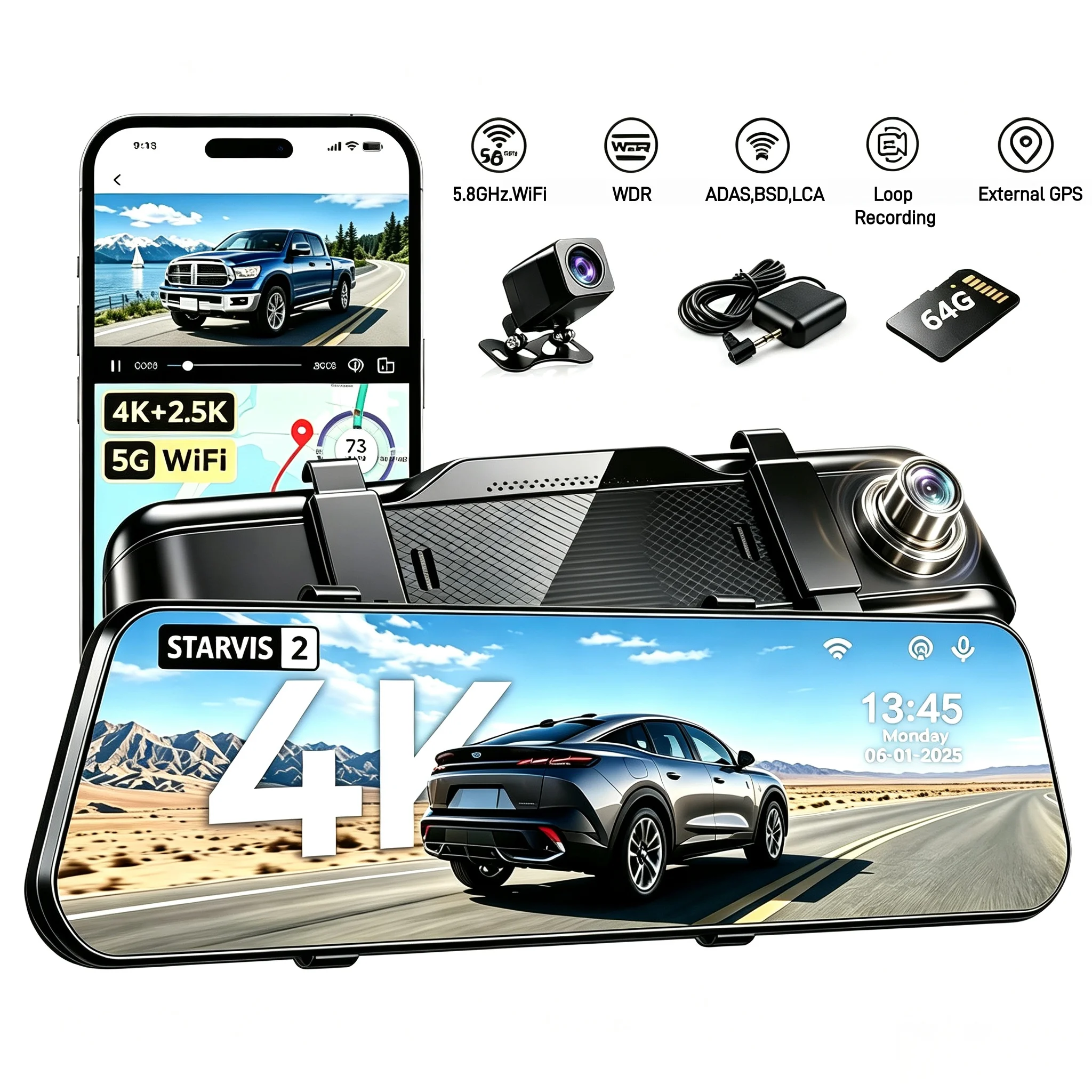 10-Inch Touch Screen IMX678 4K+2.5K Mirror Dash Cam Rear View Mirror Camera, Parking Assist, Loop Recording, Night Vision, 5.8GHz.WiFi, ADAS, LCA, BSD Functions, External GPS, 64G Card - Suitable for Most Vehicle Models