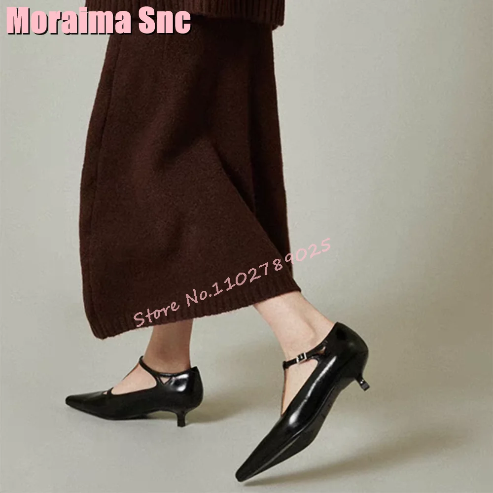 

Pointed Toe T-strap Mary Janes Shallow Mid Heel Fashion Casual Women's Shoes Black Solid Ankle Buckle 2024 Spring Summer New