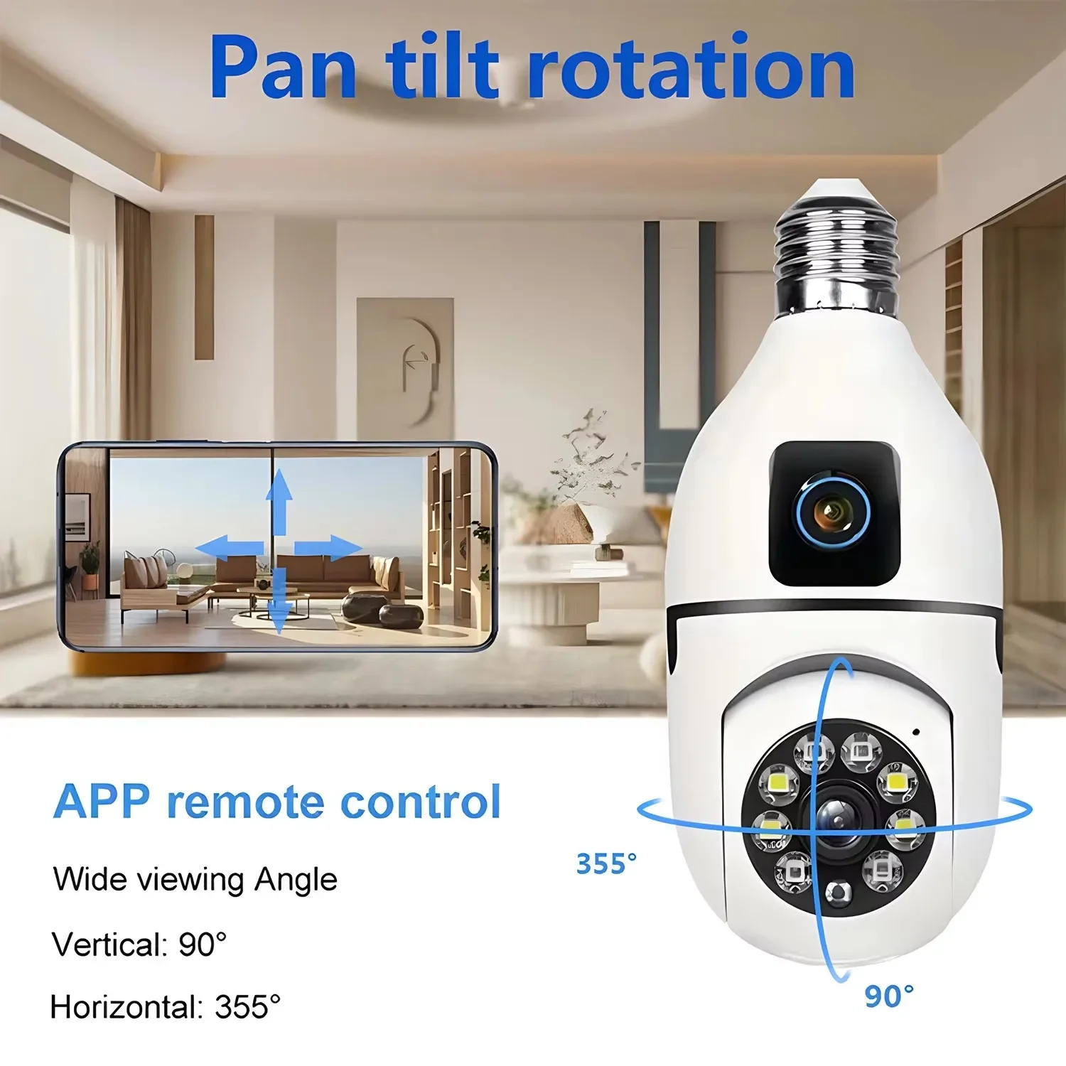 4MP WiFiカメラ 360 °   アクション E27 電球カメラ PTZ セキュリティ保護デュアルレンズビデオ監視カメラ iCSee 自動追跡