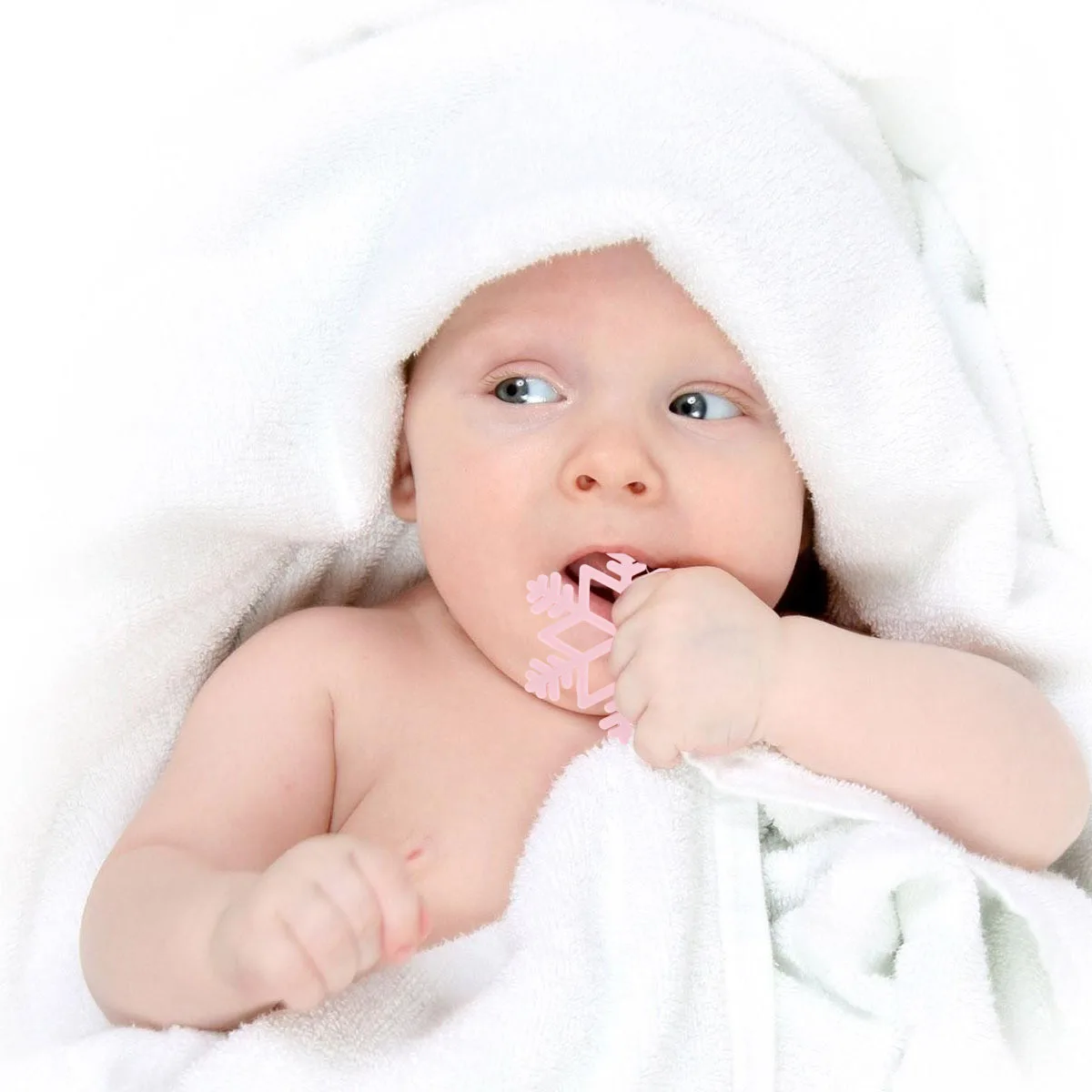 عضاضة سيليكون على شكل ندفة الثلج للأطفال، مضغ مهدئ، يساعد على تخفيف اللثة، تطوير المحرك المبكر، لعبة تسنين أسنان الطفل