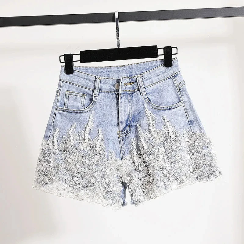 

Summer Denim Shorts Women Beads Embroidery Lace Flower Pants Ladies High Waist Fashion Stretchy Sequins Shorts Jeans Feminino