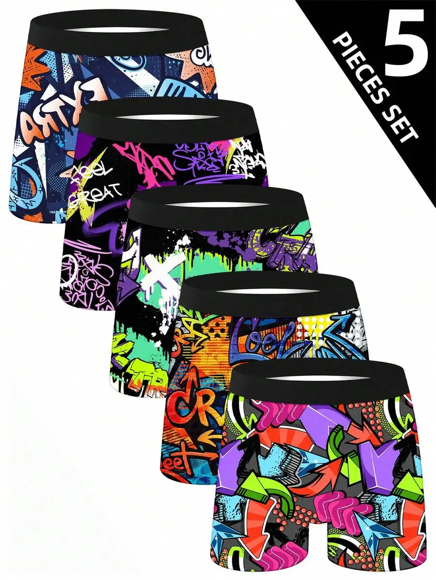 

5pcs Mens Graffiti Print Boxer Shorts Digital Print Comfortable Breathable Underwear
