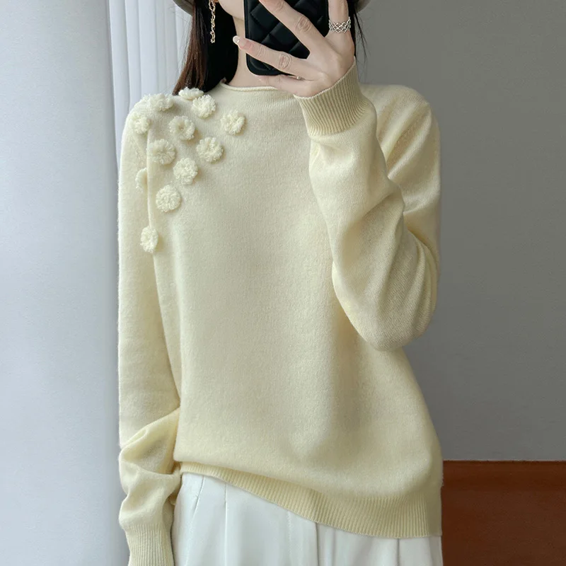 

Fall/Winter Mercerized Wool Knitted Round Neck Long Sleeve Women's Pullover Sweater Three-dimensional Small Daisy Loose Top