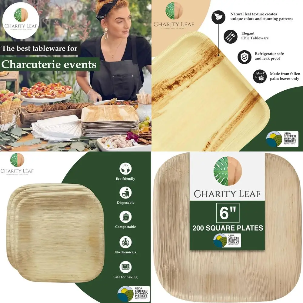 

Eco-Friendly 6 Square Palm Leaf Plates (200 Pack) - Bamboo Style Disposable Platters for Weddings and Events