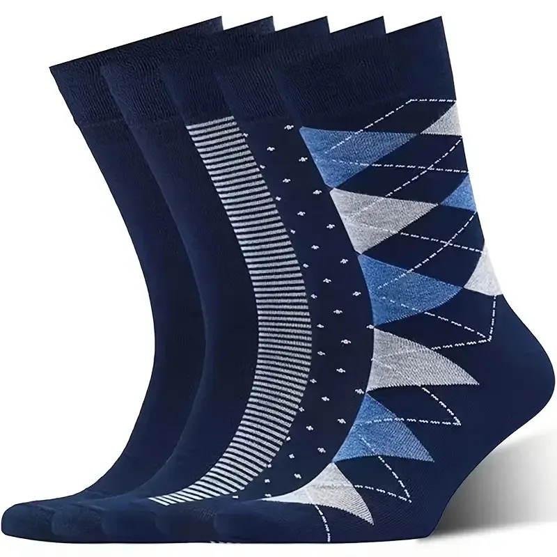 5 Pairs of Breathable and Comfortable Unisex Business Socks, Navy Blue with Diamond/Striped/Polka Dot Patterns.