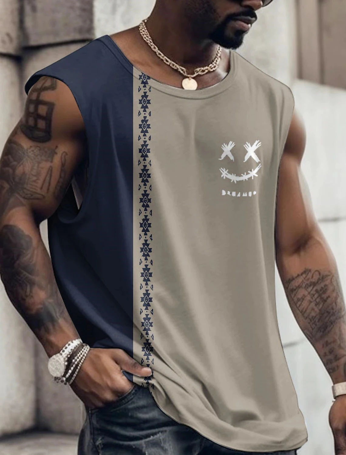 남성용 크루 넥 조끼 사이드 토템 3D 프린트 야외 거리 민소매 프린트 의류 스포츠 캐주얼 플러스 남성용 스포츠 조끼